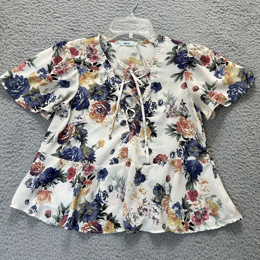 Urban Outfitters Kimchi Blue Blouse Womens XS Ivory Foral Peplum Lace Up V Neck